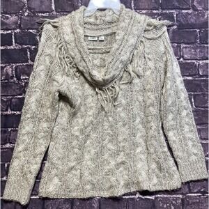 Cato Large Cowl Neck Sweater Womens Large Beige Chunky Knit Fringe Preppy Cozy‎